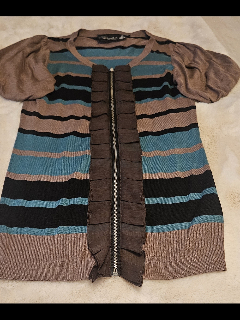 VINTAGE Twelve by Twelve Striped Short Sleeve Cardigan in Teal, Black & Taupe
